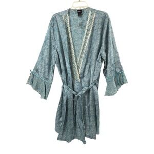 Secret Treasures Kimono Robe Womens 3X‎ Satin Wrap Teal Print Lace Trim Belted